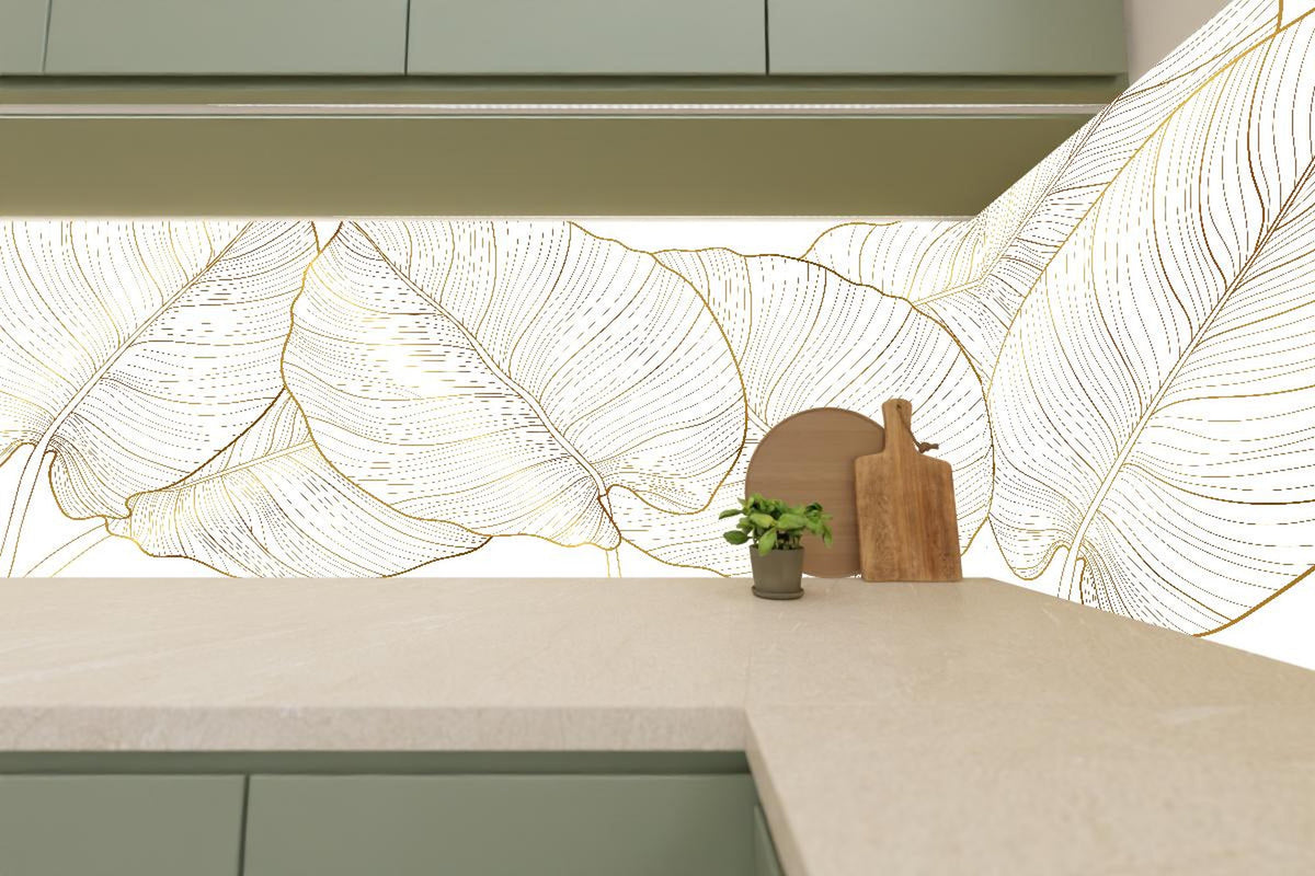 Küchenrückwand - Elegante goldene Linien Blattmotive