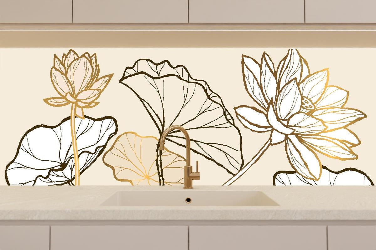 Küchenrückwand - Elegante goldene Linienkunst auf Beige