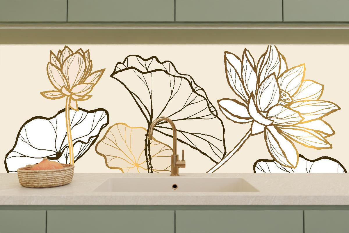 Küchenrückwand - Elegante goldene Linienkunst auf Beige