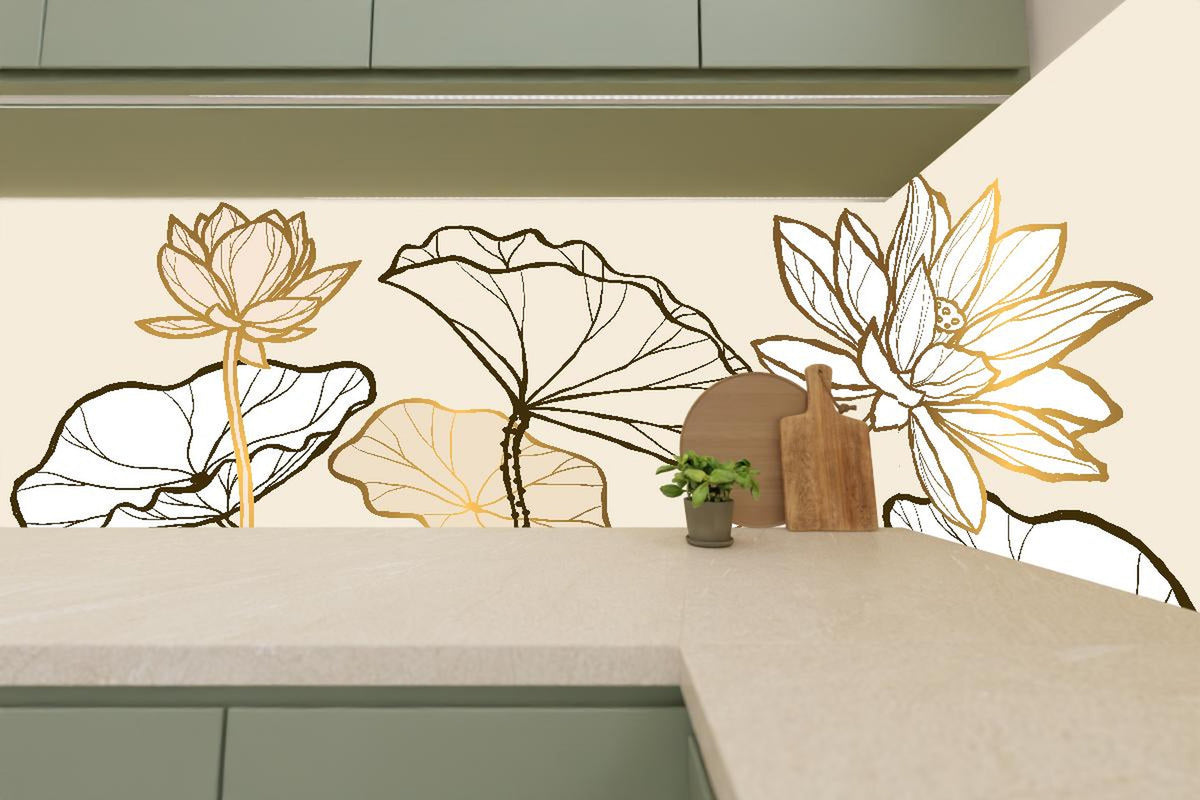 Küchenrückwand - Elegante goldene Linienkunst auf Beige