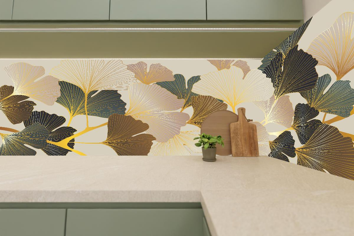 Küchenrückwand - Elegantes Ginkgo-Blattmotiv mit goldfarbenen Akzenten