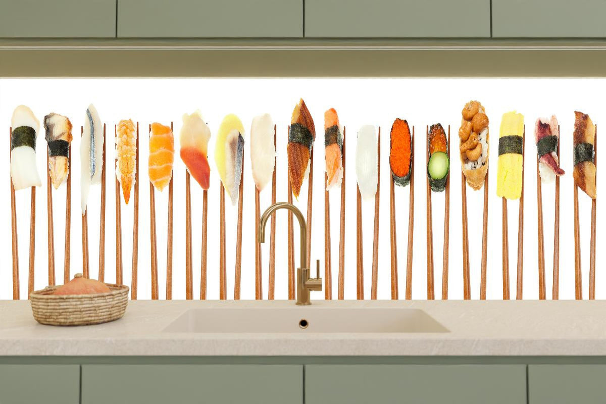 Küchenrückwand - Exquisite Auswahl an buntem Sushi auf Stäbchen