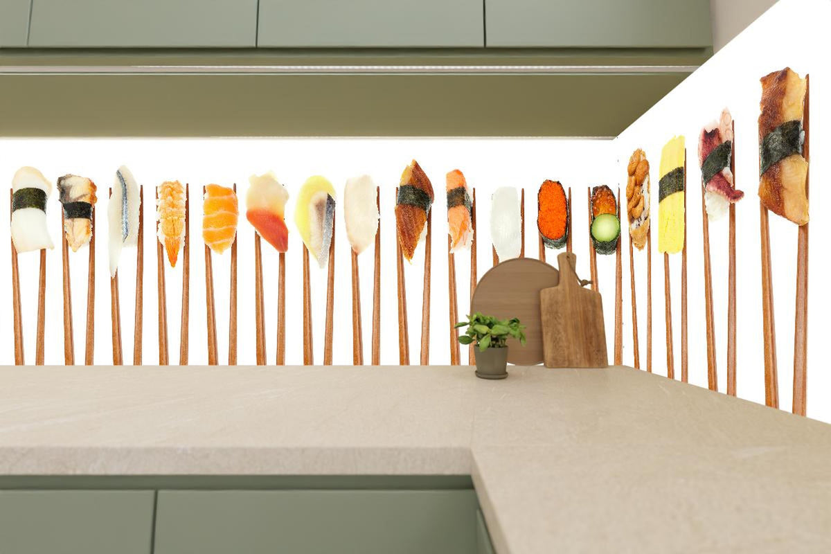Küchenrückwand - Exquisite Auswahl an buntem Sushi auf Stäbchen