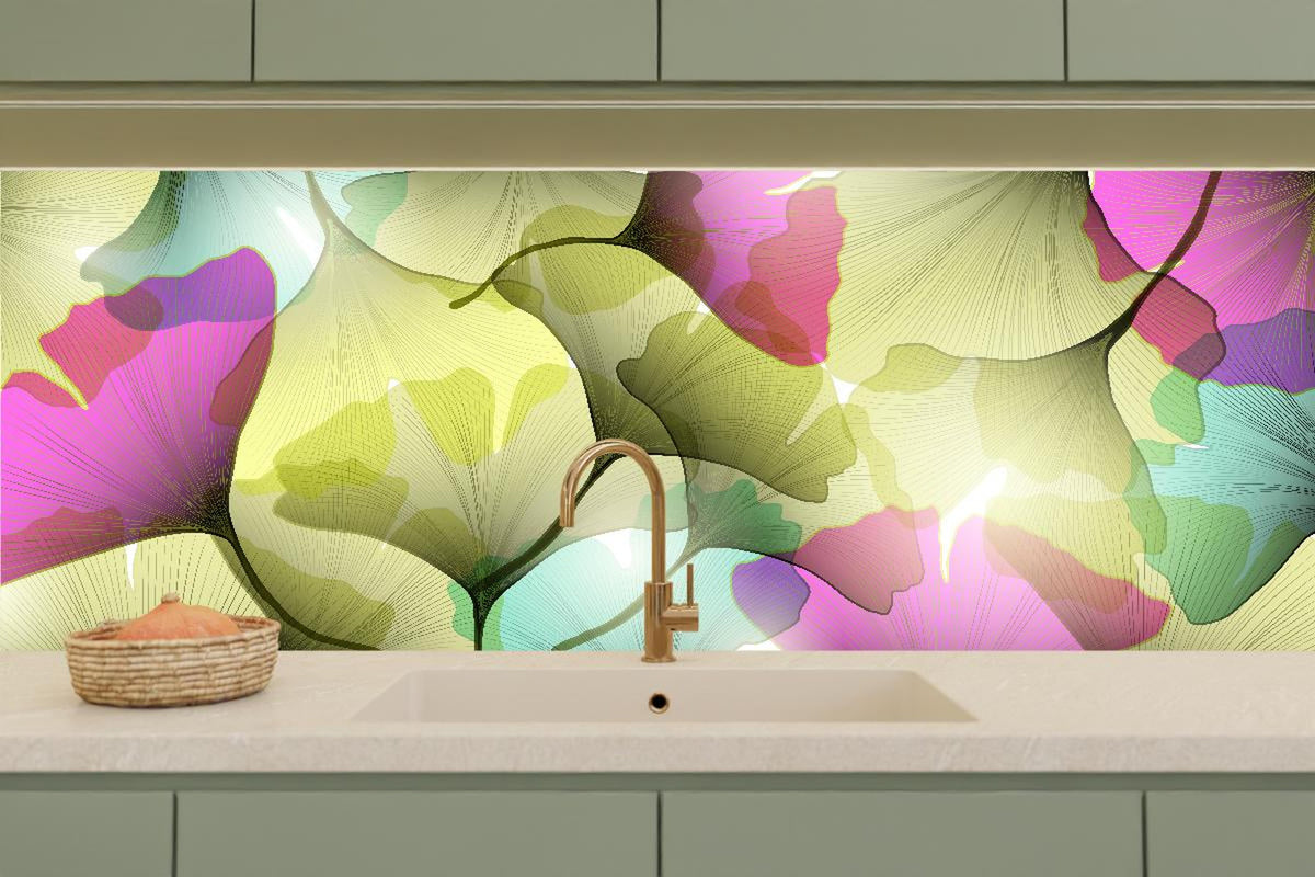 Küchenrückwand - Farbenfrohe Ginkgo Blätter Kunst-Design