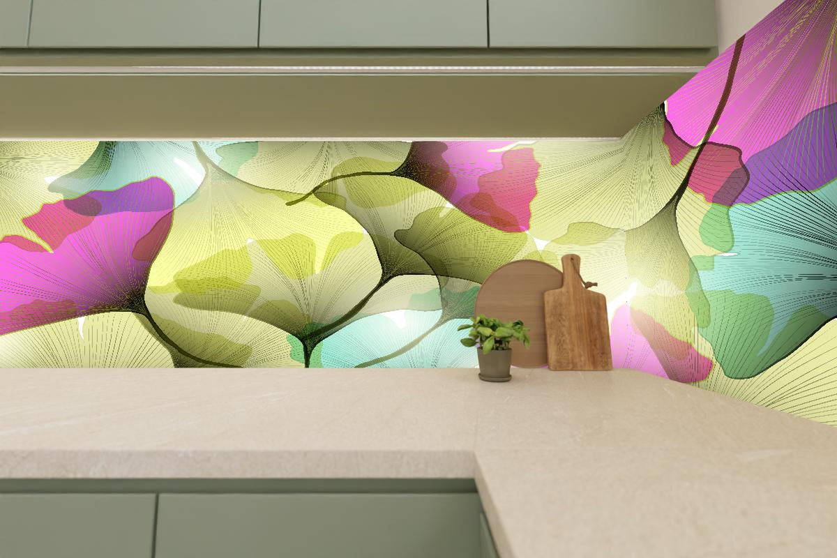 Küchenrückwand - Farbenfrohe Ginkgo Blätter Kunst-Design