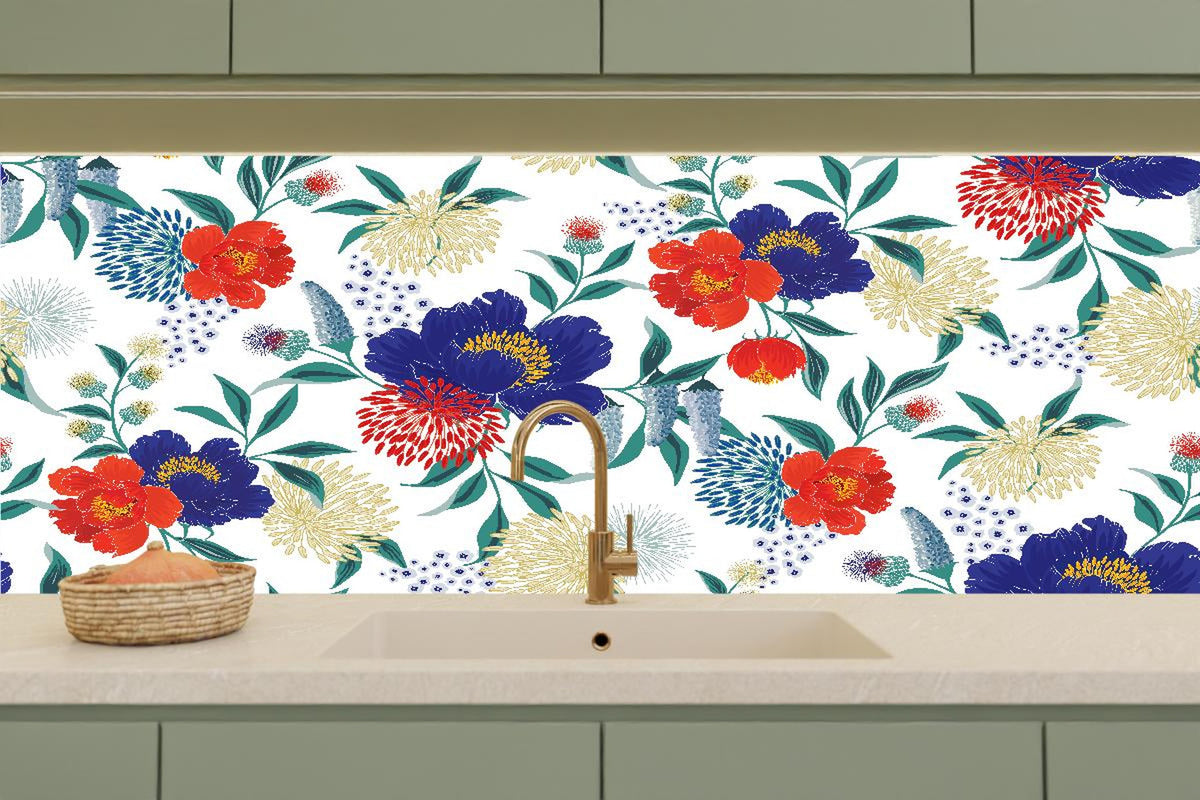 Küchenrückwand - Florale Tapete mit buntem Blumen Design