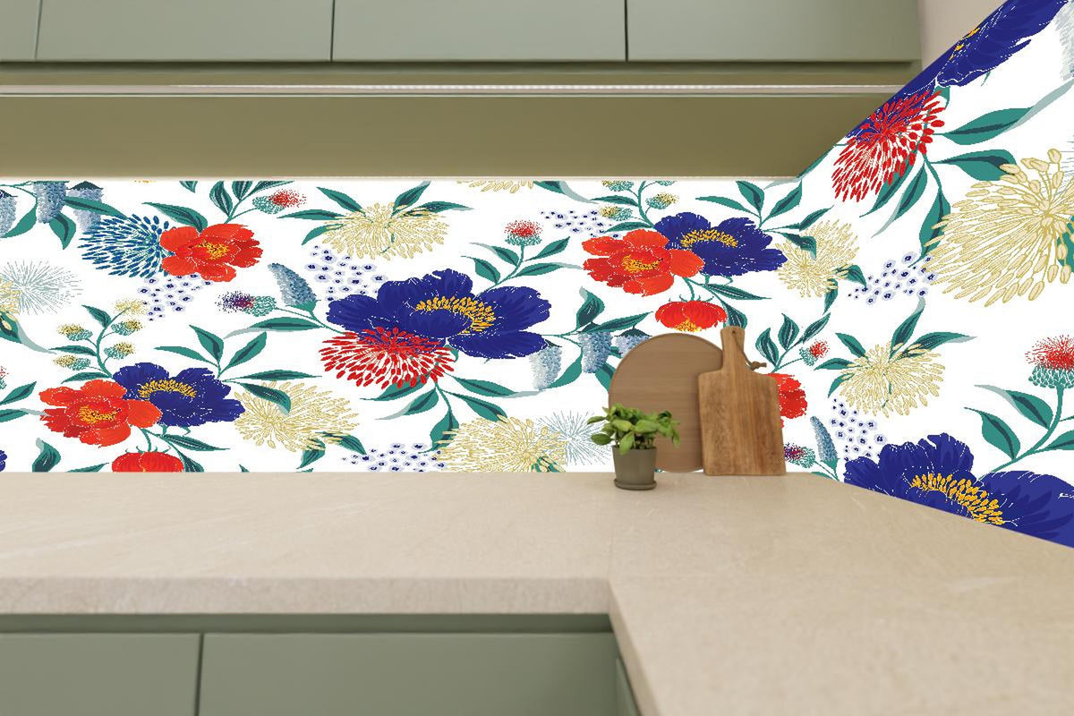 Küchenrückwand - Florale Tapete mit buntem Blumen Design