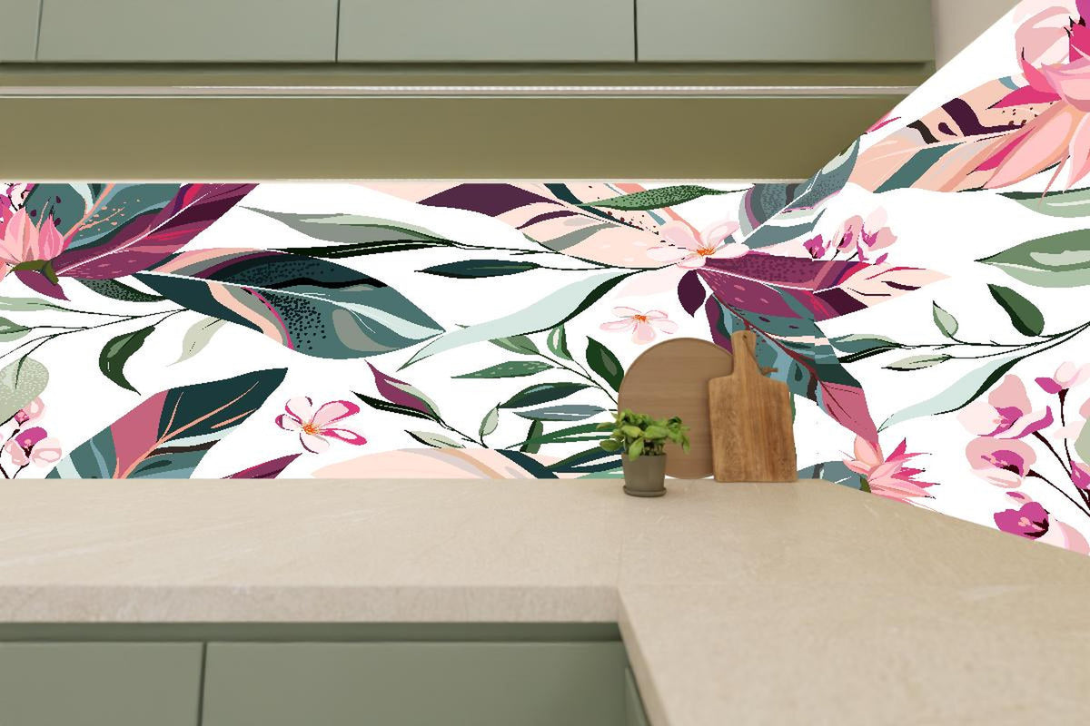 Küchenrückwand - Florales Muster mit Blumen und Blättern