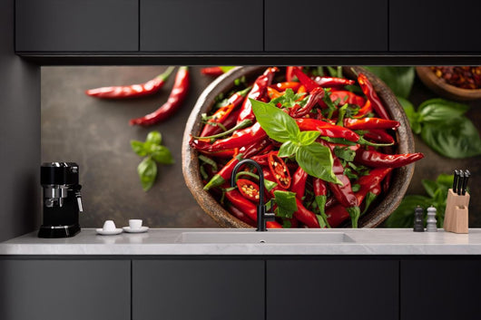 Küchenrückwand - Frische Rote Chilis mit Basilikum