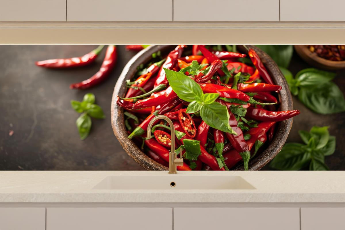 Küchenrückwand - Frische Rote Chilis mit Basilikum