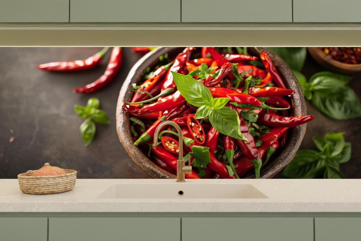 Küchenrückwand - Frische Rote Chilis mit Basilikum