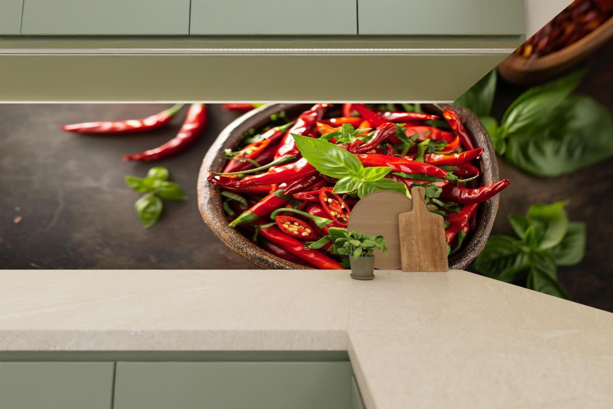 Küchenrückwand - Frische Rote Chilis mit Basilikum