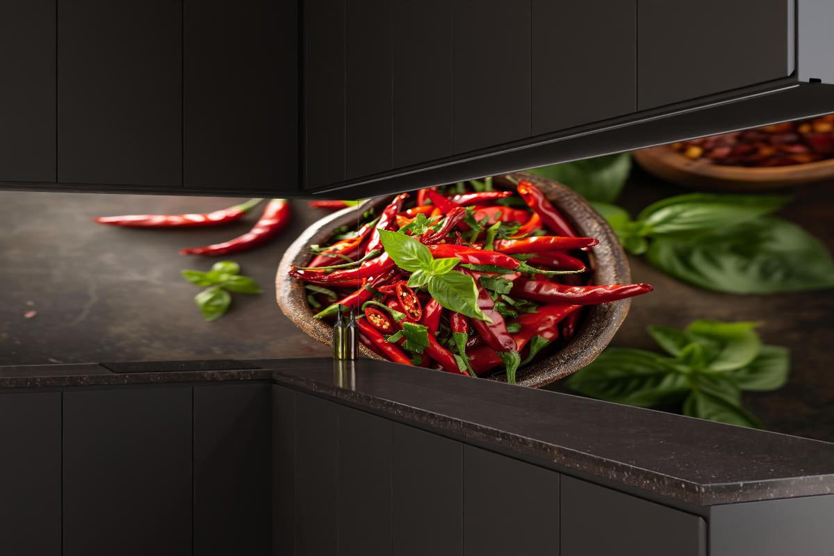 Küchenrückwand - Frische Rote Chilis mit Basilikum