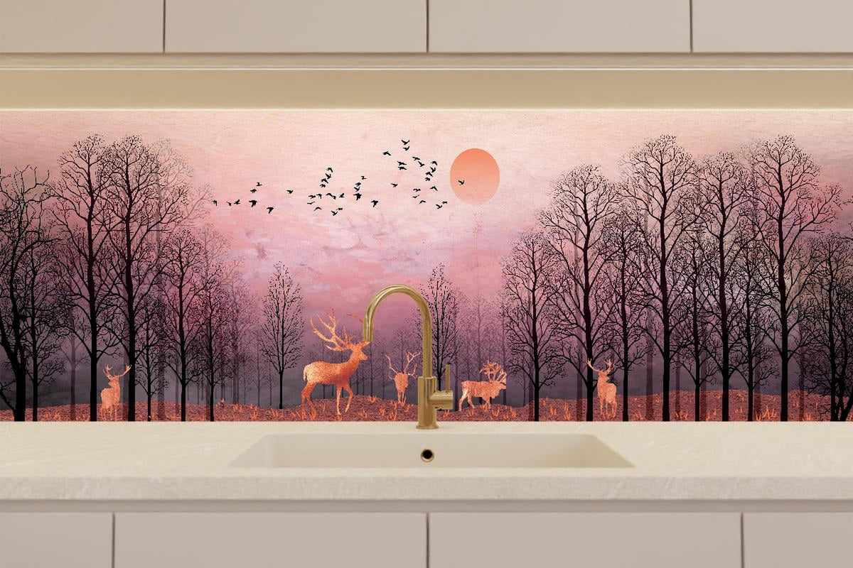 Küchenrückwand - Gemalte Landschaft mit Wildtieren