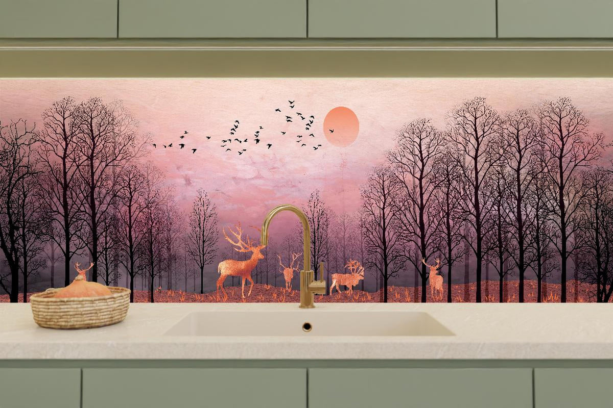 Küchenrückwand - Gemalte Landschaft mit Wildtieren
