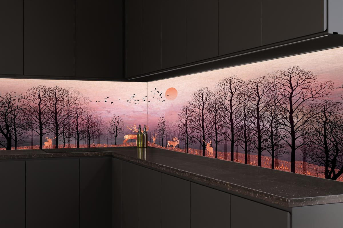 Küchenrückwand - Gemalte Landschaft mit Wildtieren