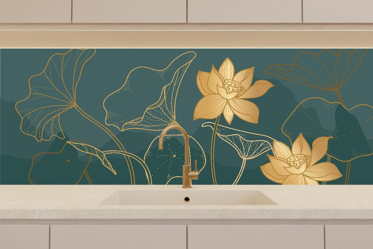 Küchenrückwand - Gold Lotus Kunstwerk mit dunklem Hintergrund