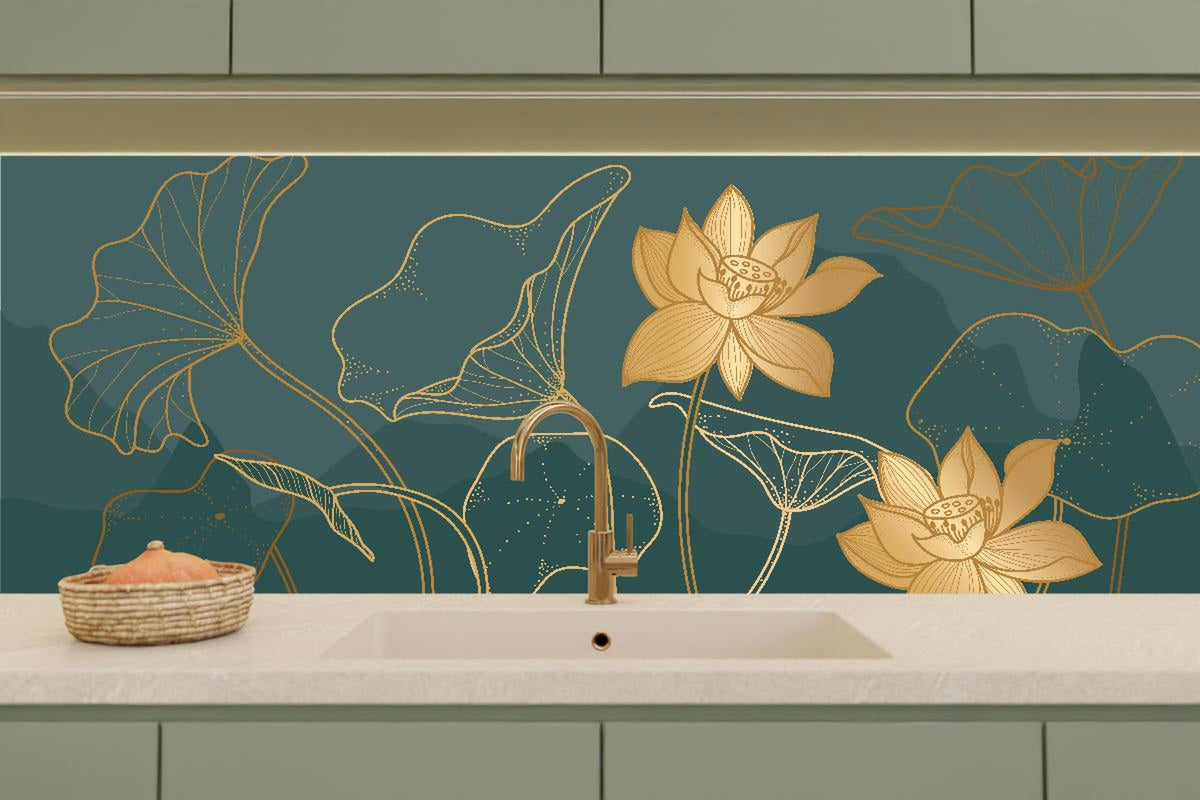 Küchenrückwand - Gold Lotus Kunstwerk mit dunklem Hintergrund
