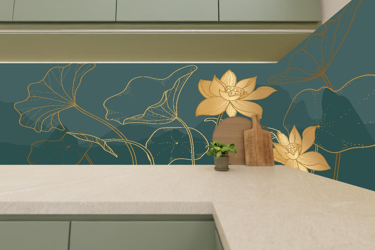 Küchenrückwand - Gold Lotus Kunstwerk mit dunklem Hintergrund