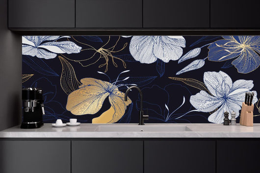 Küchenrückwand - Goldene Blumenillustration auf Dunkelblau