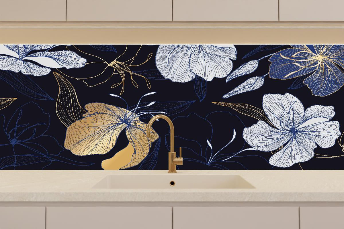 Küchenrückwand - Goldene Blumenillustration auf Dunkelblau