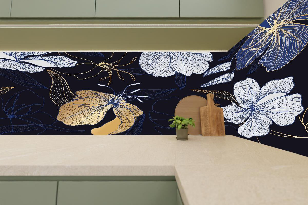 Küchenrückwand - Goldene Blumenillustration auf Dunkelblau