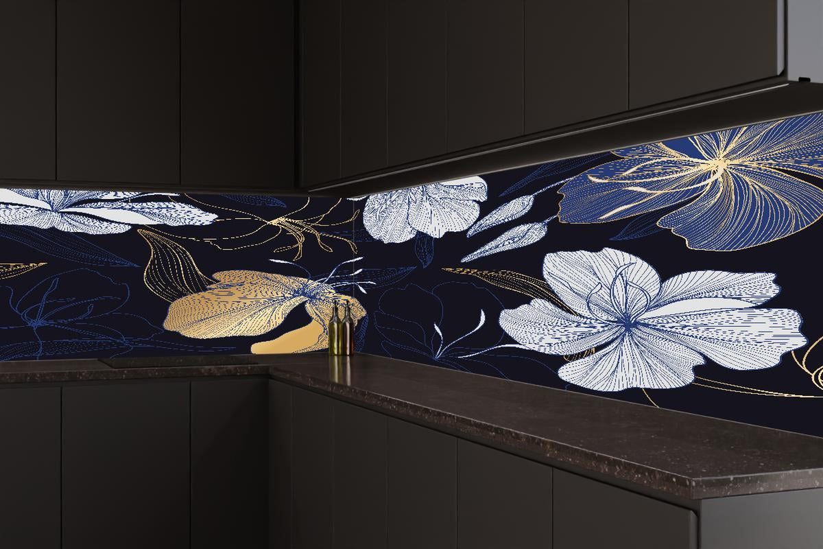 Küchenrückwand - Goldene Blumenillustration auf Dunkelblau