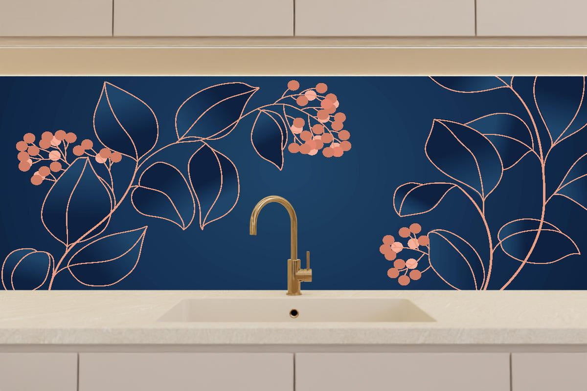 Küchenrückwand - Grafische Blütenmotive in Blau und Orange