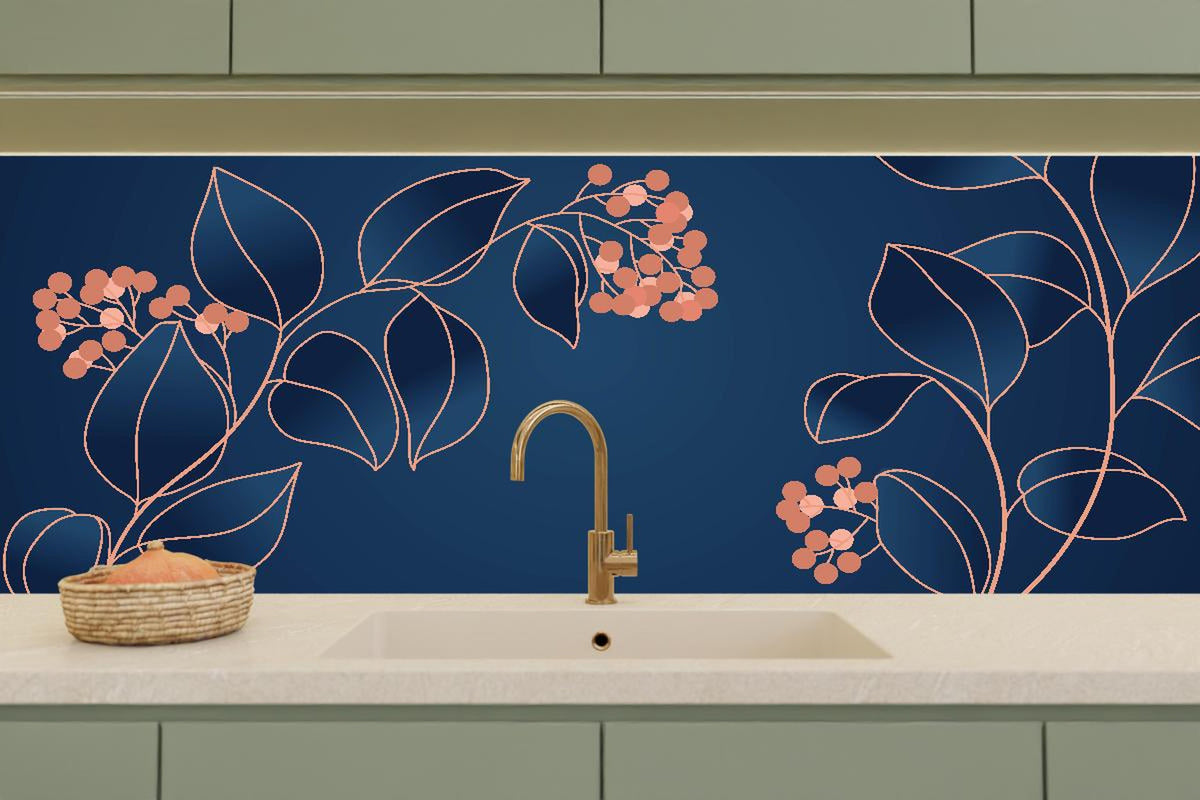 Küchenrückwand - Grafische Blütenmotive in Blau und Orange