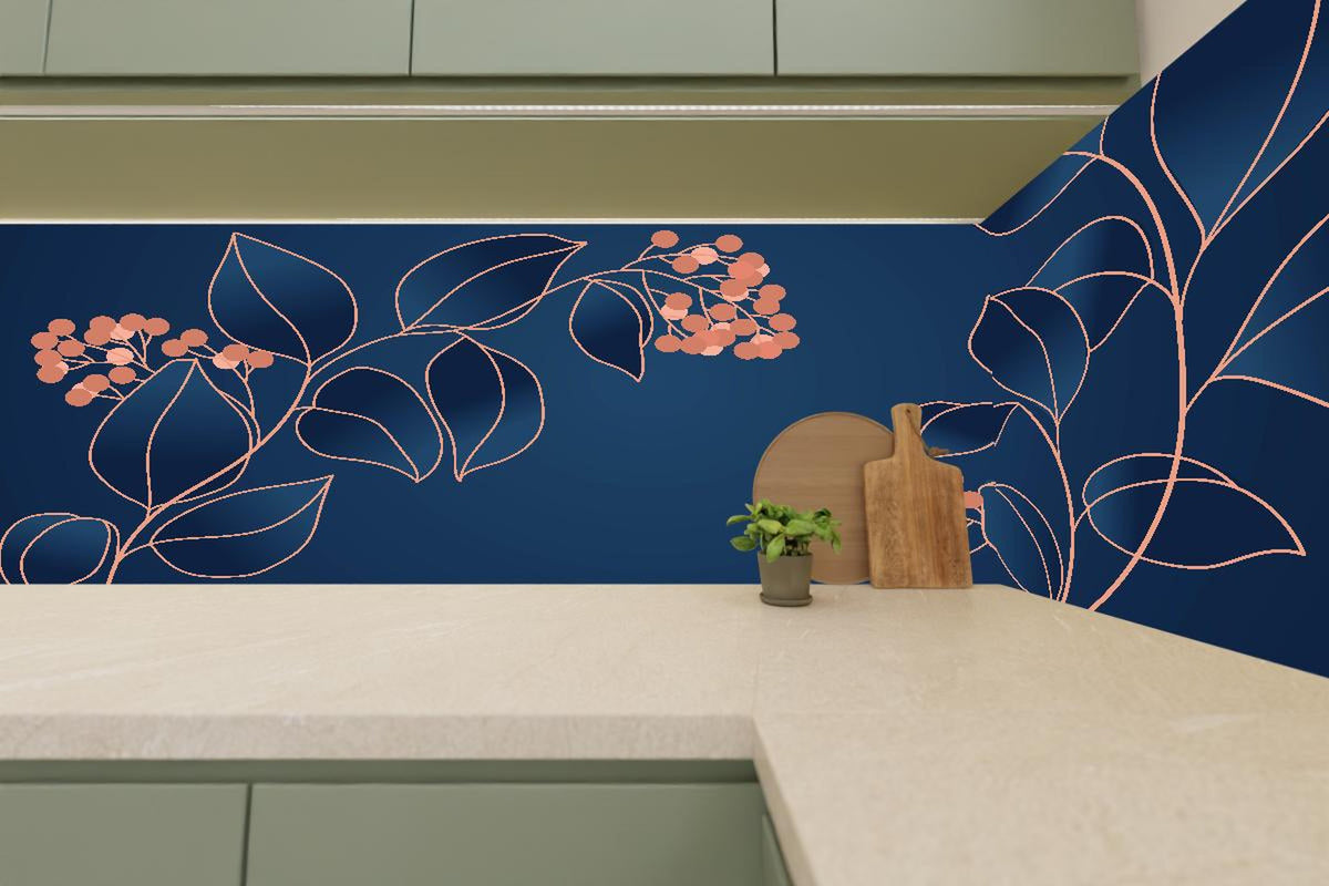 Küchenrückwand - Grafische Blütenmotive in Blau und Orange