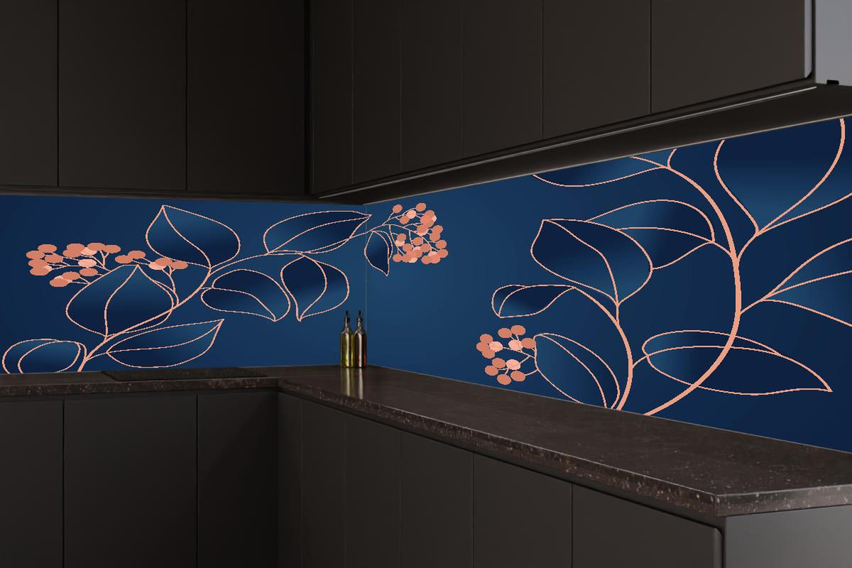 Küchenrückwand - Grafische Blütenmotive in Blau und Orange
