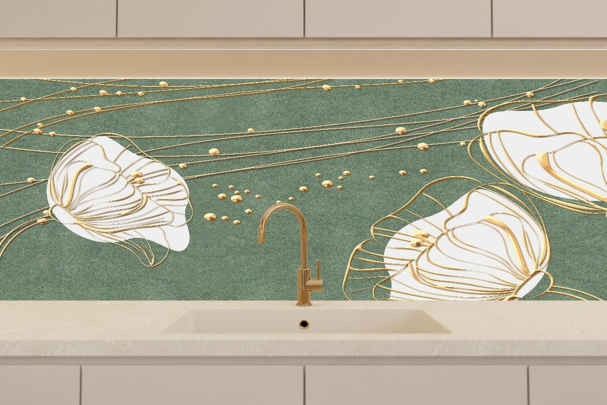 Küchenrückwand - Große abstrakte Blumenkonturen Beige Grün