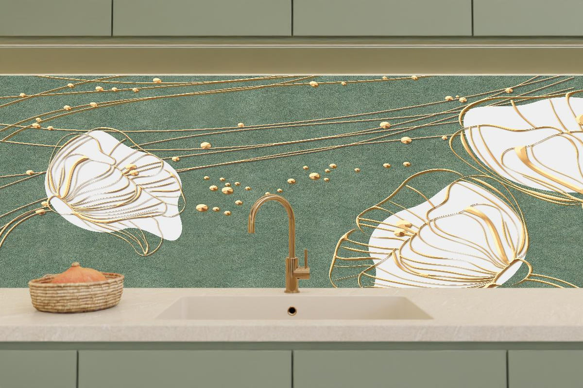 Küchenrückwand - Große abstrakte Blumenkonturen Beige Grün