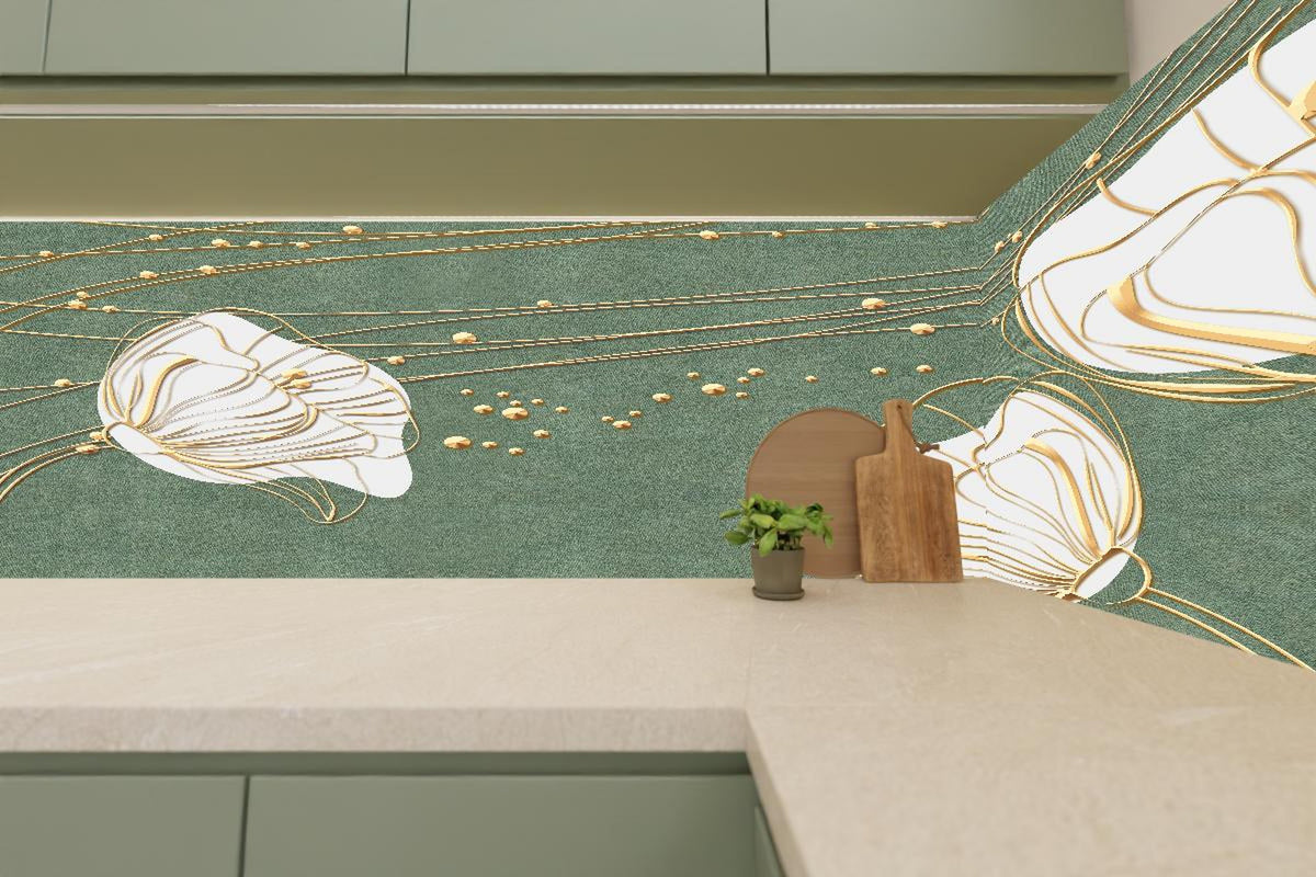 Küchenrückwand - Große abstrakte Blumenkonturen Beige Grün