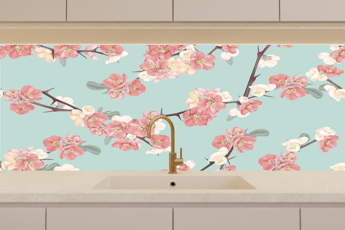 Küchenrückwand - Japanische Quitten Blumen Muster Pastellblau