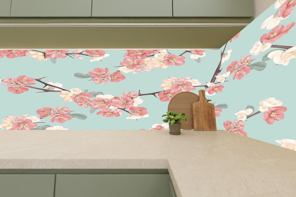 Küchenrückwand - Japanische Quitten Blumen Muster Pastellblau