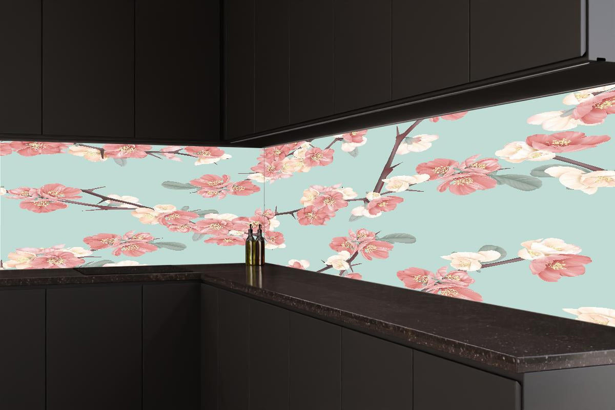 Küchenrückwand - Japanische Quitten Blumen Muster Pastellblau