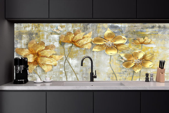 Küchenrückwand - Künstlerische Blattgold-Blumen