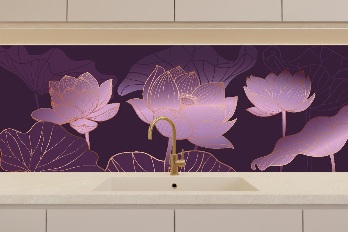 Küchenrückwand - Künstlerische Lotusblüten Grafik in Lila