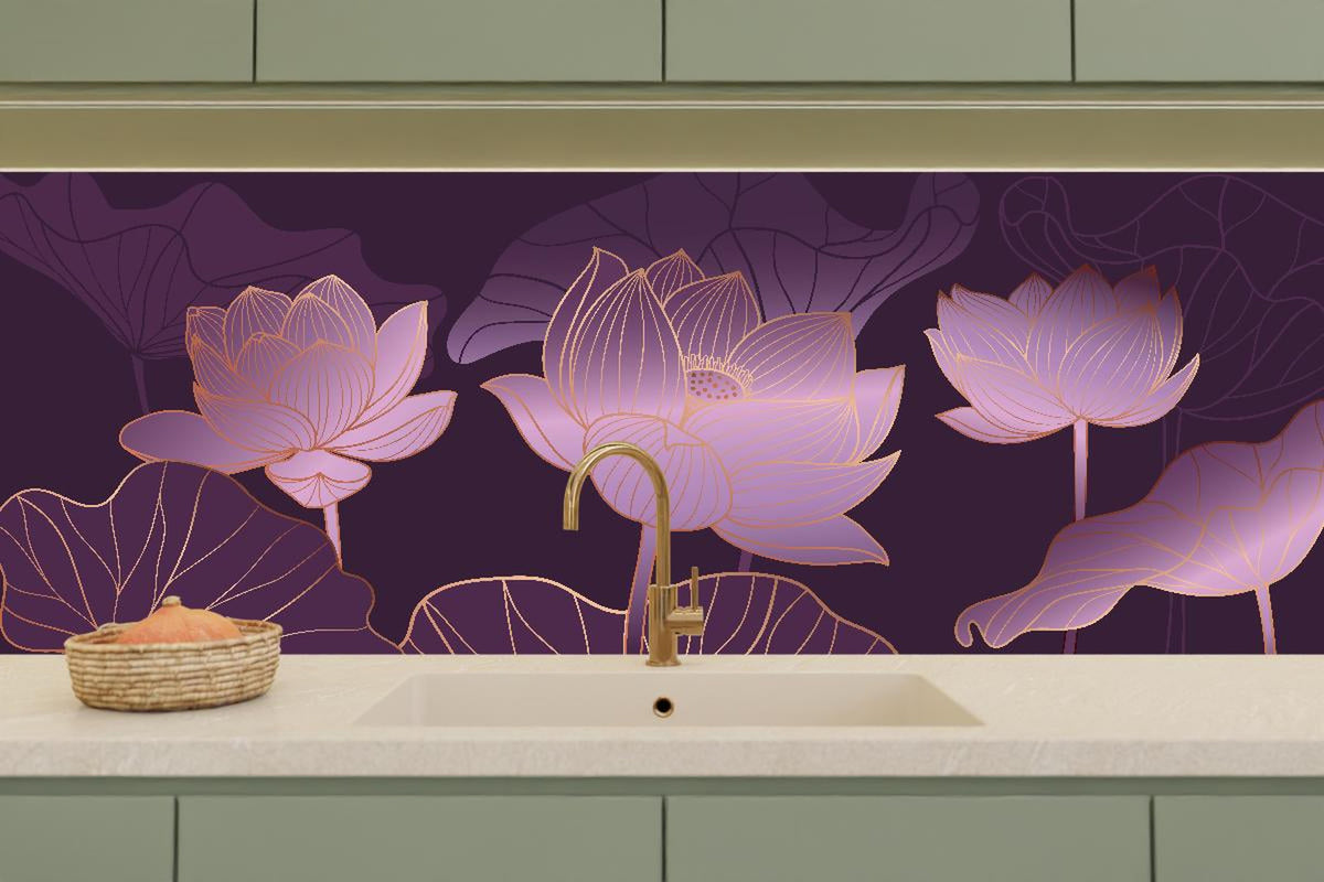 Küchenrückwand - Künstlerische Lotusblüten Grafik in Lila