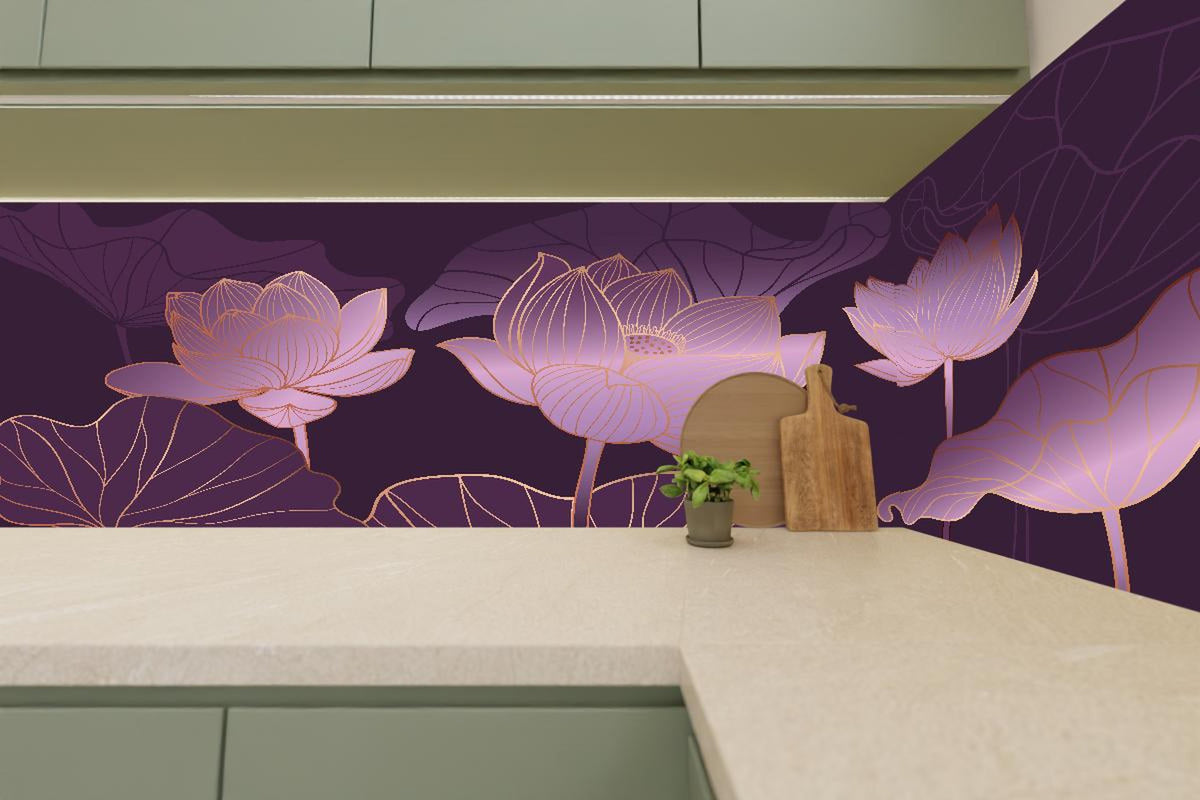 Küchenrückwand - Künstlerische Lotusblüten Grafik in Lila