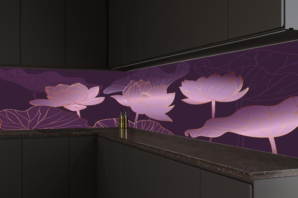 Küchenrückwand - Künstlerische Lotusblüten Grafik in Lila