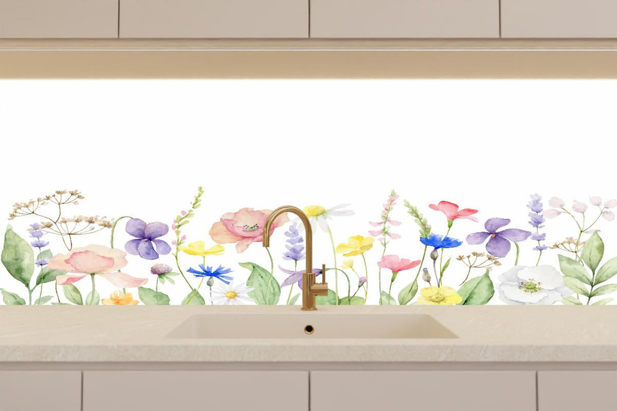 Küchenrückwand - Lebhafte Blumen und Pflanzen Aquarellmalerei