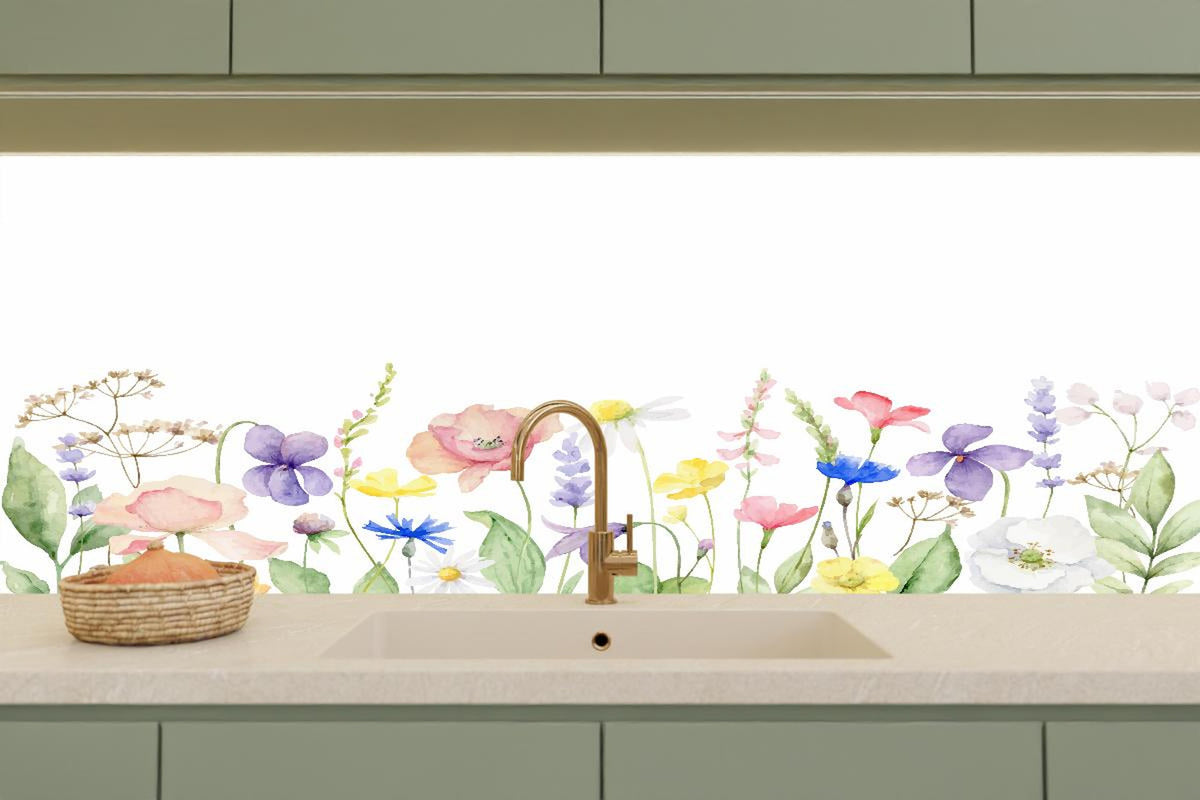 Küchenrückwand - Lebhafte Blumen und Pflanzen Aquarellmalerei