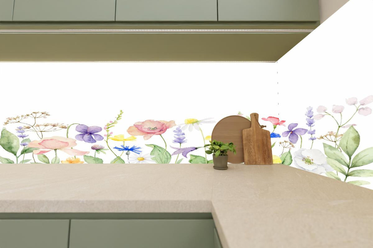Küchenrückwand - Lebhafte Blumen und Pflanzen Aquarellmalerei