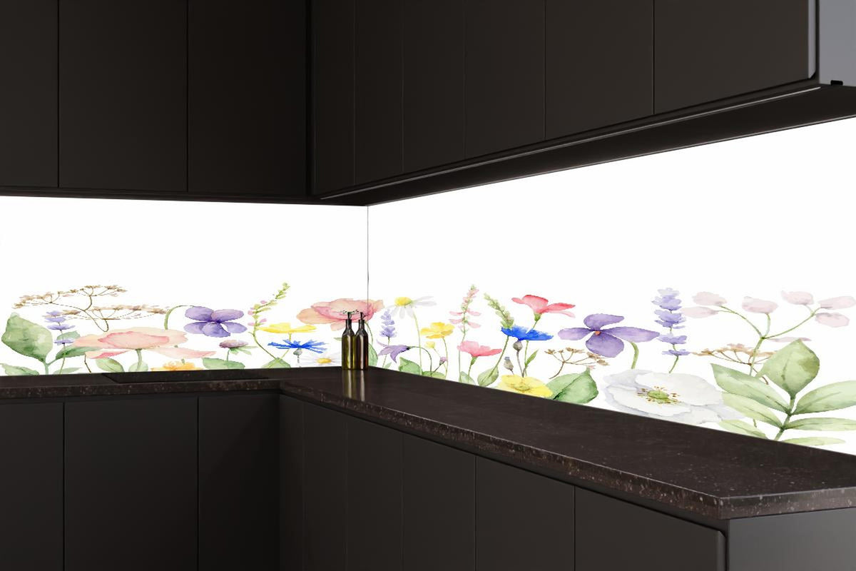 Küchenrückwand - Lebhafte Blumen und Pflanzen Aquarellmalerei