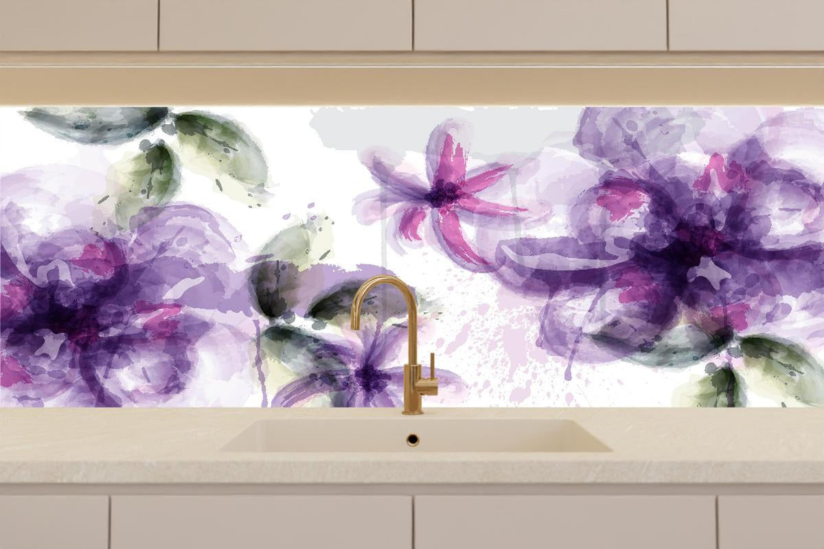 Küchenrückwand - Lila-Rosa Blumen Aquarell Kunstwerk