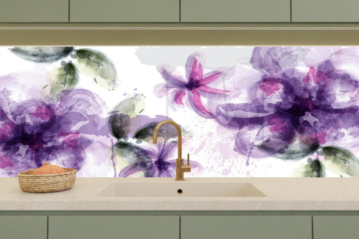 Küchenrückwand - Lila-Rosa Blumen Aquarell Kunstwerk