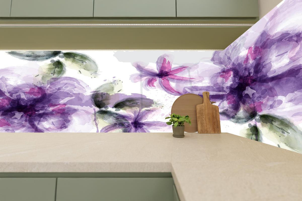 Küchenrückwand - Lila-Rosa Blumen Aquarell Kunstwerk
