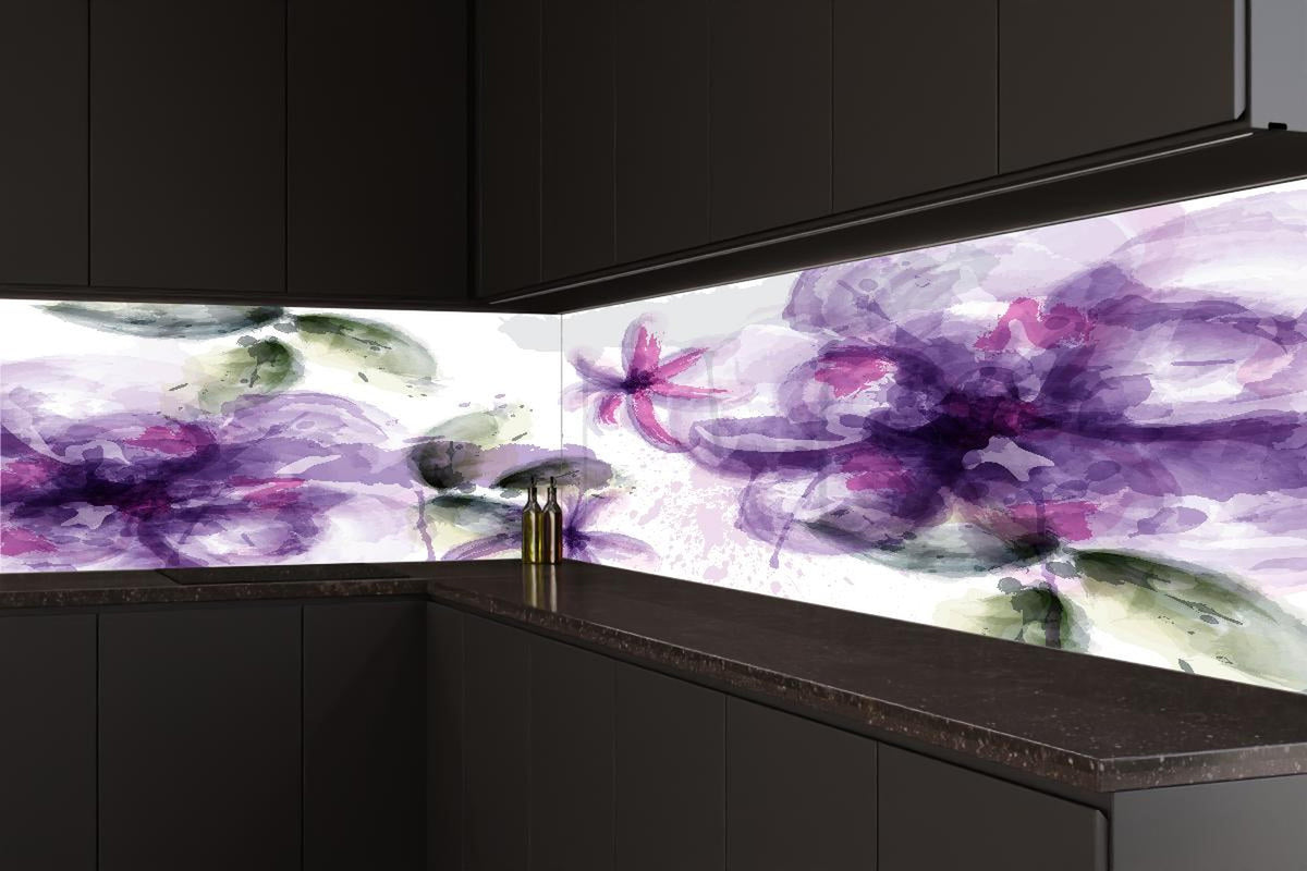 Küchenrückwand - Lila-Rosa Blumen Aquarell Kunstwerk